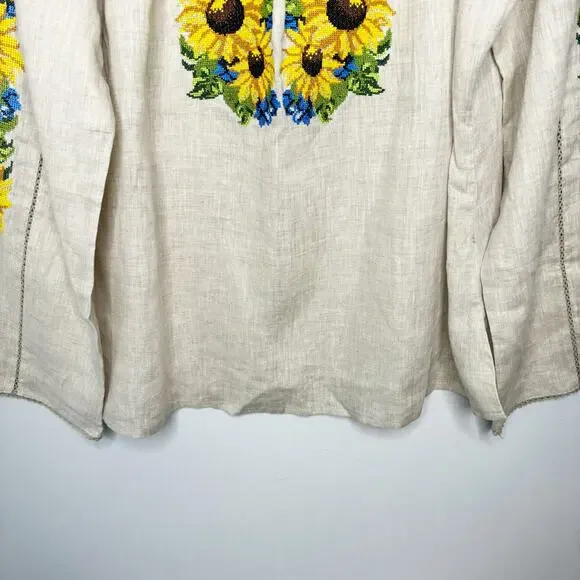 Needlepoint Yellow Sunflower Peasant Blouse Womens 46/XL Drawstring Neckline - Picture 8 of 12